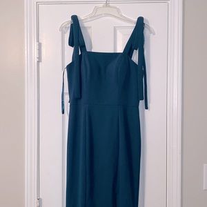 Blueish green bridesmaid / formal dress. Spaghetti straps with ties & slit.